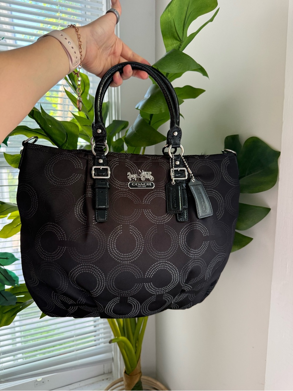 Coach Black Circle-Print Tote with Silver Hardware